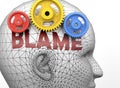 Blame and human mind - pictured as word Blame inside a head to symbolize relation between Blame and the human psyche, 3d