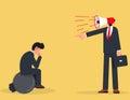 Blame other people, displeased manager concept. furious businessman boss megaphone head shouting complaint on everything