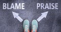 Blame and praise as different choices in life - pictured as words Blame, praise on a road to symbolize making decision and picking