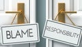 Blame and responsibility as a choice - pictured as words Blame, responsibility on doors to show that Blame and responsibility are