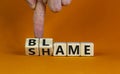 Blame or shame. Male hand flips wooden cubes and changes the word `shame` to `blame` or vice versa. Beautiful orange backgroun