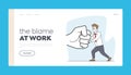 Blame at Work Landing Page Template. Businessman Character Prevent Threat. Tiny Business Man Fighting with Huge Fist