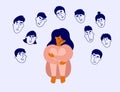 Blaming, shaming vector illustration with sad woman surrounded by human heads with angry faces