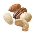 Blanched almond, cashew, pecan and macadamia nuts isolated on white background Royalty Free Stock Photo