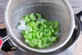Blanched celery in a colander in ice water Royalty Free Stock Photo