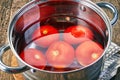 Blanching tomatoes Royalty Free Stock Photo