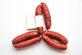 Blanck space tag in raw red spicy sausages for sale chorizo spicy triangle presentation white background