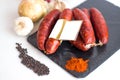 Blanck space tag in red chorizo spicy sausages for sale mediterranean garlic onion paprika pepper stone slate board Royalty Free Stock Photo
