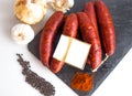 Blanck space tag in red chorizo spicy sausages for sale mediterranean garlic onion paprika pepper stone slate board Royalty Free Stock Photo