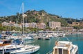 Blanes harbour and view of Sant Joan mountain. Costa Brava, Catalonia, Spain Royalty Free Stock Photo