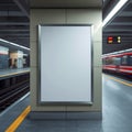 Blank advertisement board at a subway station with a train in the background at the platform Royalty Free Stock Photo