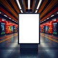 Blank advertisement display in a subway station with posters on the walls and ceiling lights Royalty Free Stock Photo