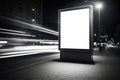 Blank advertisement information billboard with moving vehicles on a night road. Generative AI