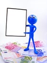 Blank advertising board with blue man on euro mone Royalty Free Stock Photo