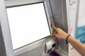 Blank advertising LCD advertisement for adjust your message, Close up hand of woman using atm bank machine for withdraw money, Royalty Free Stock Photo