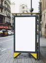 Blank advertising light box on bus stop, mockup of empty ad billboard on bus station, template banner on background city Royalty Free Stock Photo