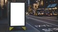 Blank advertising light box on bus stop, mockup of empty ad billboard on night bus station, template banner on background city str Royalty Free Stock Photo