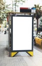 Blank advertising light box on bus stop, mockup of empty ad billboard on night bus station, template banner on background city