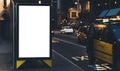 Blank advertising light box on bus stop, mockup of empty ad billboard on night bus station, template banner on background city Royalty Free Stock Photo