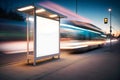 Blank advertising light box on bus stop, mockup of empty ad billboard on night bus station, template banner on Royalty Free Stock Photo