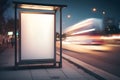 Blank advertising light box on bus stop, mockup of empty ad billboard on night bus station, template banner on Royalty Free Stock Photo