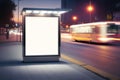 Blank advertising light box on bus stop, mockup of empty ad billboard on night bus station, template banner on Royalty Free Stock Photo