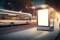 Blank advertising light box on bus stop, mockup of empty ad billboard on night bus station, template banner on Royalty Free Stock Photo