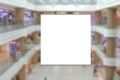 Blank advertising poster banner mockup in modern retail environment; square hanging billboard in shopping mall, out-of-home OOH Royalty Free Stock Photo