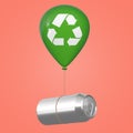 Blank Aluminum Can Floating with Green Hellium Balloon with Recycle Sign. 3d Rendering