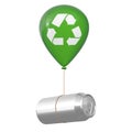 Blank Aluminum Can Floating with Green Hellium Balloon with Recycle Sign. 3d Rendering