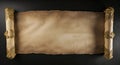 A blank ancient scroll with ornate golden rods, with copy space over dark background