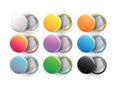 Blank badges set. Realistic shiny empty button badge front and back view. Multicolored badges isolated on white background