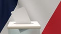 Blank ballot with space for text or logo is dropped into the ballot box against the backdrop of the flag of France. Election