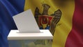 Blank ballot with space for text or logo is dropped into the ballot box against the backdrop of the flag of Moldova.