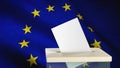 Blank ballot with space for text or logo is dropped into the ballot box against the background of the flag of European Union. Royalty Free Stock Photo