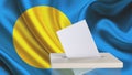 Blank ballot with space for text or logo is dropped into the ballot box against the background of the flag of Palau. Election
