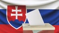 Blank ballot with space for text or logo is dropped into the ballot box against the background of the flag of Slovakia.