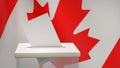 Blank ballot with space for text or logo is dropped into the ballot box against the backdrop of the flag of Canada.