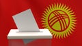 Blank ballot with space for text or logo is dropped into the ballot box against the backdrop of the flag of Kyrgyzstan.