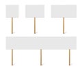 Blank banner mock up on wood stick collection. Vector empty different board plank holder set. Protest signs isolated on