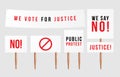 Blank banner mock up on wood stick collection. Vector empty different board plank holder set. Protest signs isolated on white Royalty Free Stock Photo