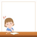 Blank banner text box frame and a girl study at the desk with a question , illustration vector. Education Concept