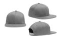 Blank baseball snapback cap mockup isolated on white background.Front, side and back view. Royalty Free Stock Photo