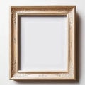 Blank beautiful wooden photo frame isolated on white background near white wall, empty copy space, Royalty Free Stock Photo