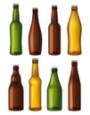 Blank beer bottles. Colored glass containers, vessels for brown and light craft and green beer. Realistic vector Royalty Free Stock Photo