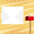 Blank Big White Envelope beside Red Mailbox with Small Flag Up. Open Color Postal Box in Loaf Shape Standing and Huge Royalty Free Stock Photo