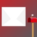 Blank Big White Envelope beside Red Mailbox with Small Flag Up. Open Color Postal Box in Loaf Shape Standing and Huge Royalty Free Stock Photo