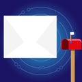 Blank Big White Envelope beside Red Mailbox with Small Flag Up. Open Color Postal Box in Loaf Shape Standing and Huge Royalty Free Stock Photo