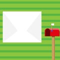 Blank Big White Envelope beside Red Mailbox with Small Flag Up. Open Color Postal Box in Loaf Shape Standing and Huge Royalty Free Stock Photo