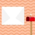 Blank Big White Envelope beside Red Mailbox with Small Flag Up. Open Color Postal Box in Loaf Shape Standing and Huge Royalty Free Stock Photo